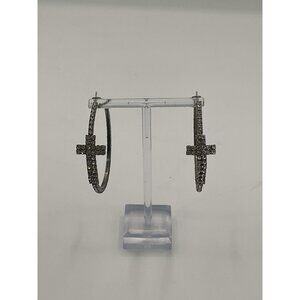 Religious Silver Rhinestone Round Hoop Earrings